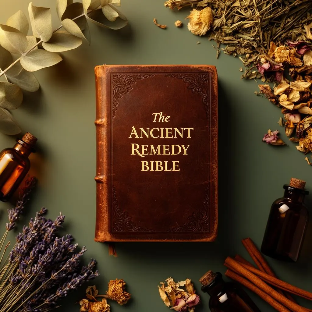 The Ancient Remedy Bible โ leather-bound ebook surrounded by herbs